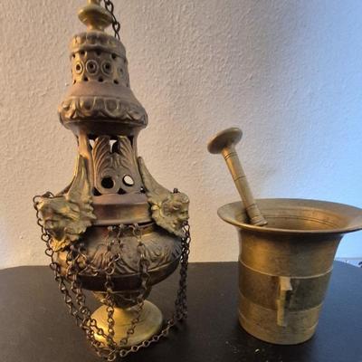 Vintage Brass Incense Vessel &  Vintage Brass Mortar & Pestle  
