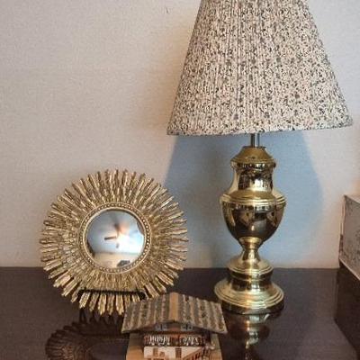 Gold Tone Sunburst Mirror Gold Tone Lamp with Floral Shade & Vintage Wooden German Chalet Music Box 