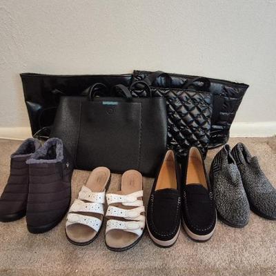 Woman's Black Purses And Shoe Size 8 Assortment.