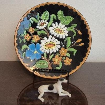 Vintage Majolica Decorative Plate with Black & White Greyhound Figurine