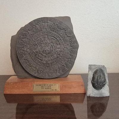 Vintage Aztec Mayan Calendar Art Plaque and Trilobite Fossil 