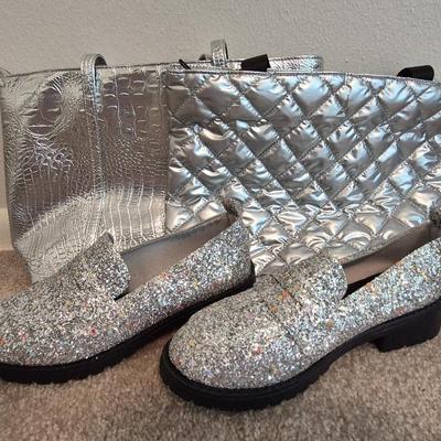 Silver Colored Purses And Pair Of Size 8 Sparkley Shoes