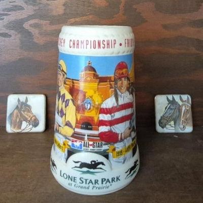 Lone Star Park NTRA 2001 Championship Horse Racing Beer Stein with Porcelain Horse Magnets Set of 2