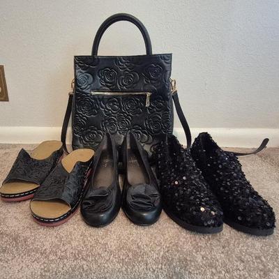 Black Purse With Flowers And Black Shoe Assortment Size 8