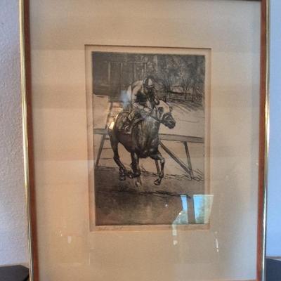 Framed Signed Pencil Etching Artwork Of Racing Horse Secretariat 