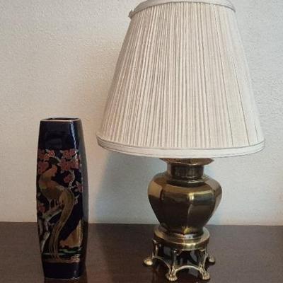 Vintage Brass Ginger Jar Lamp and Vintage Japan Cobalt Blue Gold Trim Rooster Vase