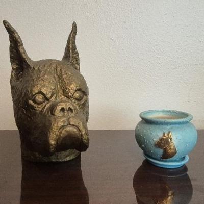 Handcrafted Bronze Painted Sculpture Boxer Bull Dog Head and Handcrafted Ceramic Pottery 
