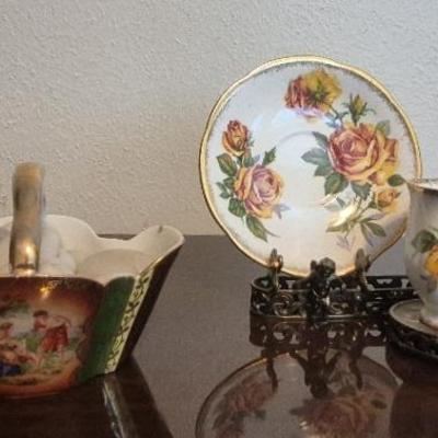 Vintage Royal Standard Romany Rose Teacup & Saucer & Bronze Stand W/Porcelain Basket 