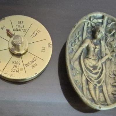 Vintage Decision Maker Paper Weight & Antique Naughty/Risqué Brass Tray Dish