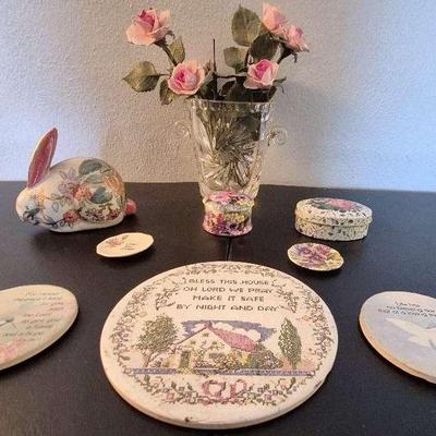 Artificial Glass Flowers In Glass Vase, Ceramic Rabbit, & More