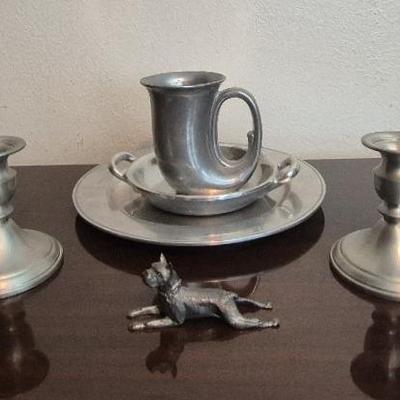 Pewter Assortment of Candle Holders Serving Plate Horn and More 