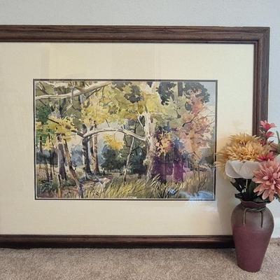 Picture And Metal Vase With Artifical Flowers 