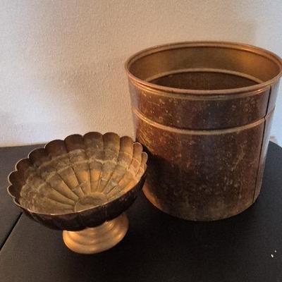 Vintage Brass Copper Planter & Vintage Scallopped Brass Pedestal Bowl 
