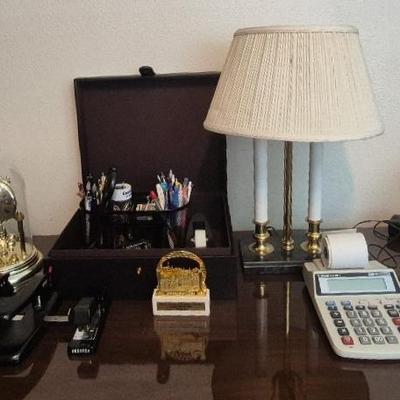 Marble Base Table Lamp Plastic Quartz Dome Clock and Office Supplies Assortment 