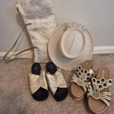 Gold And Off White Colored Bag, Hat, And Sandals Size 8