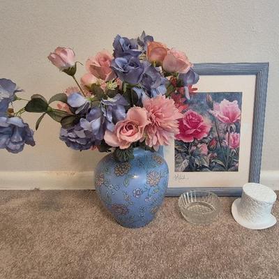 Signed Print, Vase With Artificial Flowers, And Decor