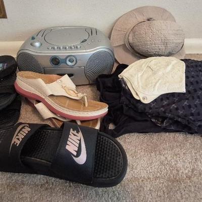 Woman's Swimwear, Hat, Sandals Size 8, And Radio