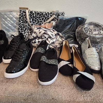 Silver Purse, White/Black Animal Print Bag, Hat, Shoe Size 8 Assortment, And More 