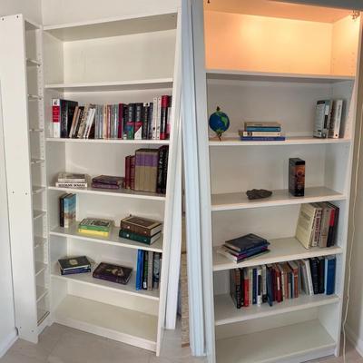 Set Of Three White Bookshelves & Books 
