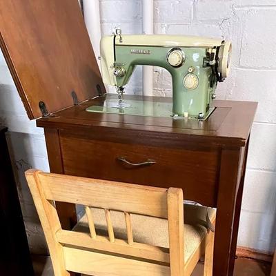 Vintage White Dressmaker Sewing Machine With Cabinet And Chair 