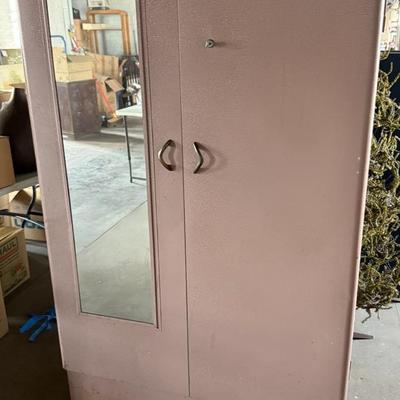 Large Metal/Steel Wardrobe Or Storage Cabinet With Mirror Front, Light Pink
