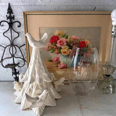 Home Decor With Etched Glass Lamp, Vase, Wall Sconce, Doves