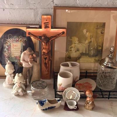 Dresser Vignette With Religious Items, Framed French Plate, Smalls, Etc