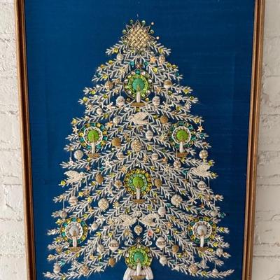 Handmade Christmas Tree Mixed Media Tapestry Wall Decor, Vintage