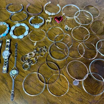 Costume Jewelry Lot (35+ Pieces) With Bangle Bracelets, Watches, Brooches, Etc