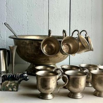 Silver Plate Punchbowl and Cups with Dansk Silver Plate Tiger and More