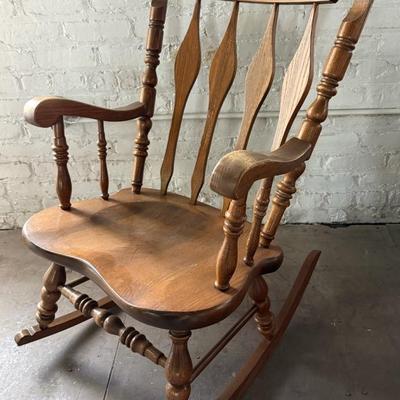 Solid Oak Rocking Chair With Floral Carved Accents