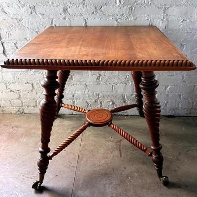 Antique Square Parlor Table With Spiraled Legs, Posts & Claw Feet
