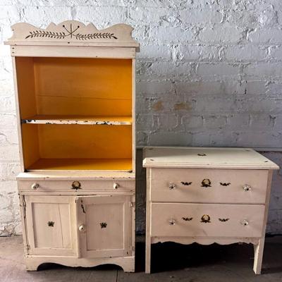 Pair (2) Vintage Children’s Play Furniture, Diminutive Side Table & Hutch