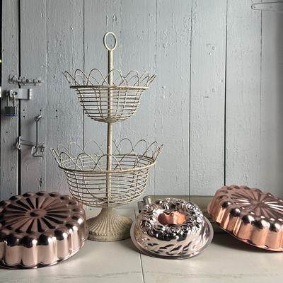 White-Painted Metal Fruit Basket with Coppered Food Molds