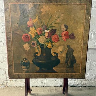 HTF Vintage Tilt-Top Folding Accent Or Game Table With Floral Still Life Top