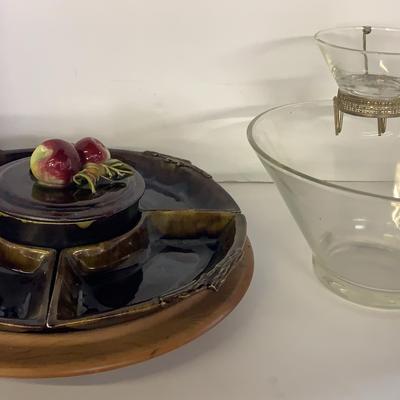 Vintage Brown Ceramic Hors D’oeurve Set Lazy Susan with Glass/Metal Chip & Dip Set