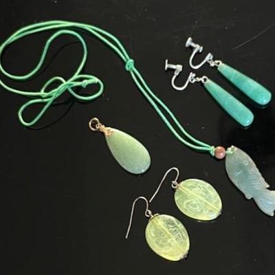 Jadeite Earrings, Pendant and Carved Fish Pendant on Cord, Green Glass Earrings 