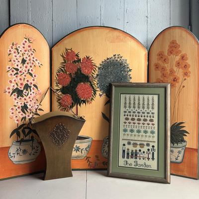 Garden Motif Decor with a Painted Wooden Fire Screen, Cross Stitch and Wall Basket