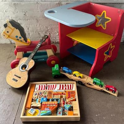 Vintage & Wooden Toys With Desk, FP, Melissa & Doug, Mattel ‘Strum Fun’ Guitar