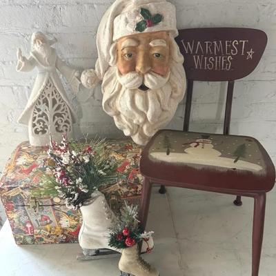 Christmas Decor With Large Hanging Santa Head/Bust, Painted Chair, Trunk, Etc