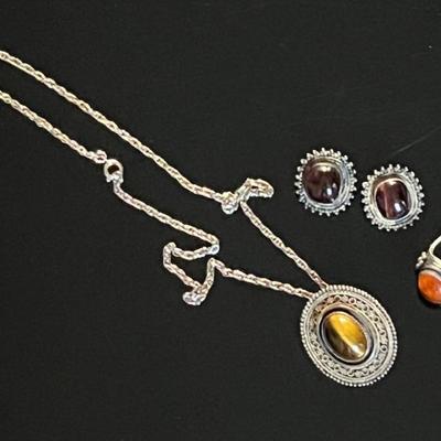 Israeli Sterling Silver Tiger Eye Pendant and Earrings, Amber Ring
