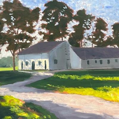 Larry Griggs Unframed Oil on Canvas, Building with Trees