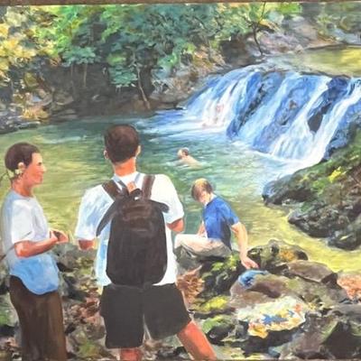 Larry Griggs Unframed Oil on Canvas, Hikers and Swimmers at Waterfall