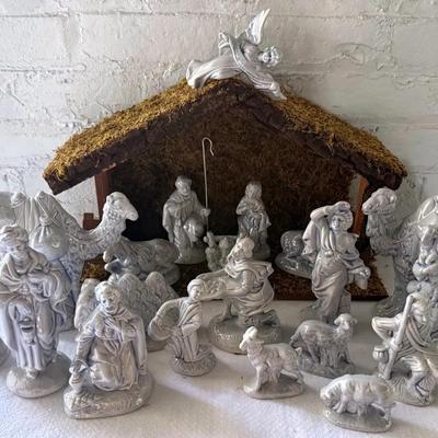 Vintage Holland Mold Pearled Blue Ceramic Creche Or Nativity Set (22 Pieces)