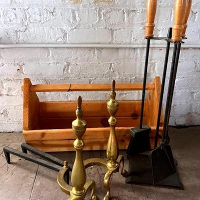 Brass Andirons, Set Of Fireplace Tools & Handmade Wooden Log/Tool Box