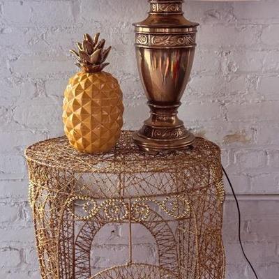 Gold Wire Plant Stand/Accent Table, Plus Brass Lamp & Pineapple Decor