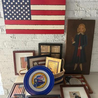 Americana Home Decor (14 Pieces) With Framed Art, Basket, Wooden Flag, Etc