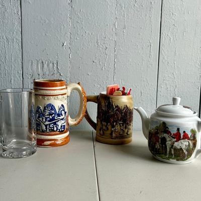 Occupied Japan Painted Beer Stein with Budweiser Beer Stein, Another and a Teapot