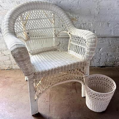 White Wicker Arm Chair And Waste Basket