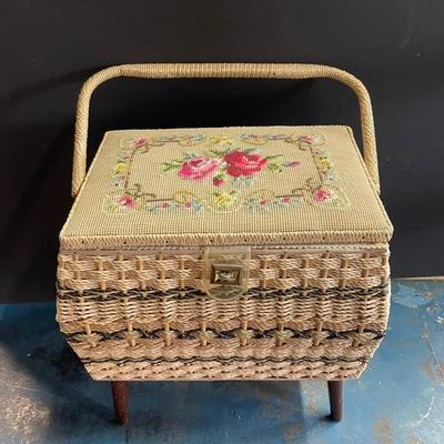 Needlepoint Sewing Basket With Two Boxes Of Vintage Patterns (90+) And Remnants 
